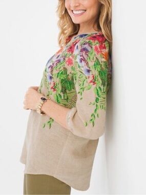Chico’s Top Vibrant Floral 100% Linen Pullover Top 3/4 Sleeves Size 2 = Large
